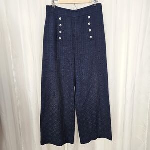 Marianne Novobatzky Textured Navy Blue High Waist Wide-Leg Pants Anchor Buttons